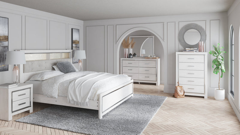 Altyra King Panel Bookcase Bed with Mirrored Dresser, Chest and 2 Nightstands in White from Ashley - DMV Furniture
