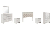 Altyra King Panel Headboard Bed with Mirrored Dresser, Chest and 2 Nightstands in White - PKG009477