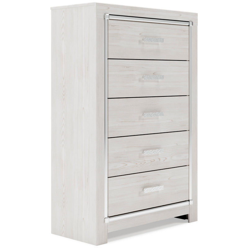 Altyra King Panel Headboard Bed with Mirrored Dresser, Chest and 2 Nightstands in White - PKG009477