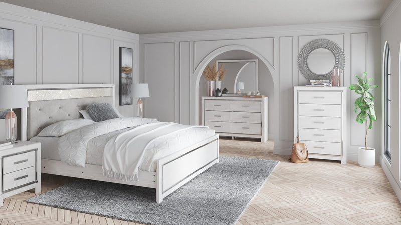 Altyra King Panel Headboard Bed with Mirrored Dresser, Chest and 2 Nightstands in White - PKG009477