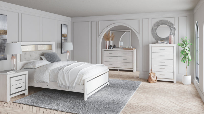 Altyra Queen Bookcase Headboard Bed with Mirrored Dresser and Chest in White - PKG009481