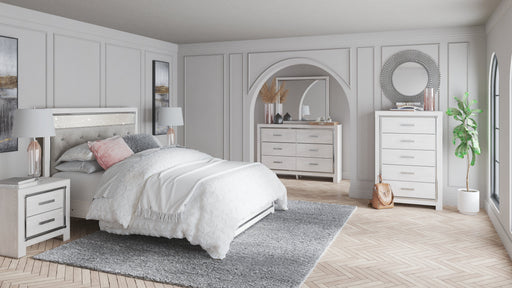 Altyra Queen Panel Bed with Mirrored Dresser, Chest and Nightstand in White from Ashley - DMV Furniture