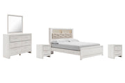 Altyra Queen Panel Bookcase Bed with Mirrored Dresser and 2 Nightstands in White - PKG009432