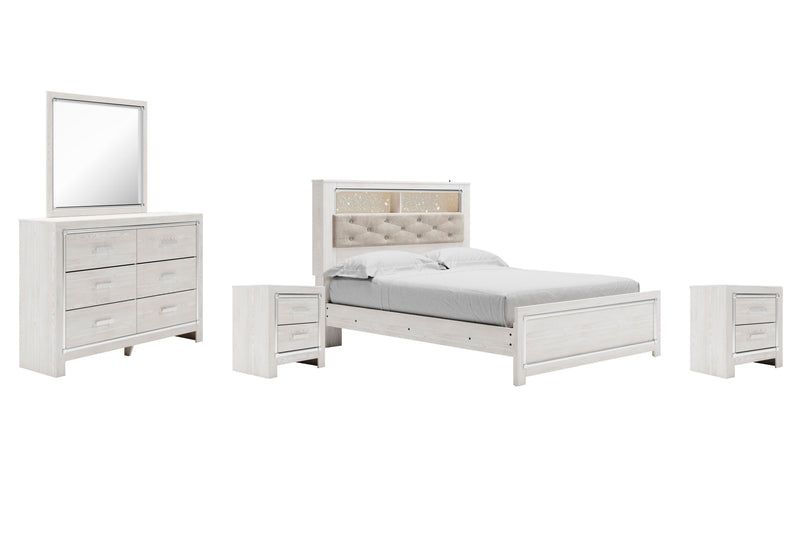 Altyra Queen Panel Bookcase Bed with Mirrored Dresser and 2 Nightstands in White - PKG009432