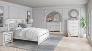 Altyra Queen Panel Bookcase Bed with Mirrored Dresser and 2 Nightstands in White - PKG009432