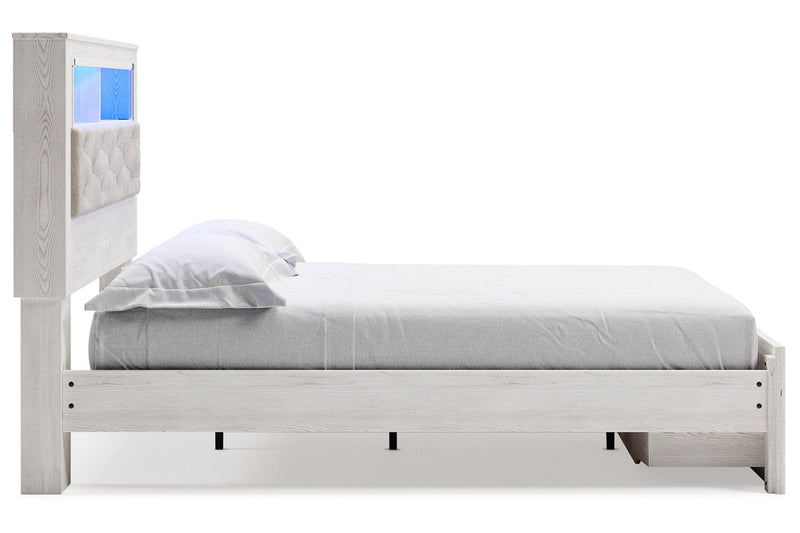 Altyra White Queen Upholstered Platform Bookcase Bed with Storage - DMV FurnitureQueen Bed