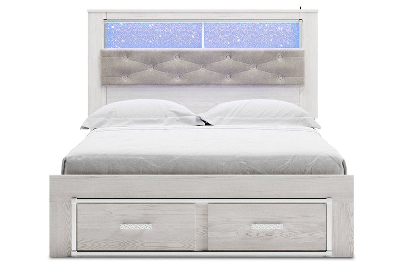 Altyra White Queen Upholstered Platform Bookcase Bed with Storage - DMV FurnitureQueen Bed