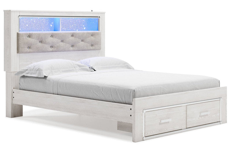 Altyra White Queen Upholstered Platform Bookcase Bed with Storage - DMV FurnitureQueen Bed