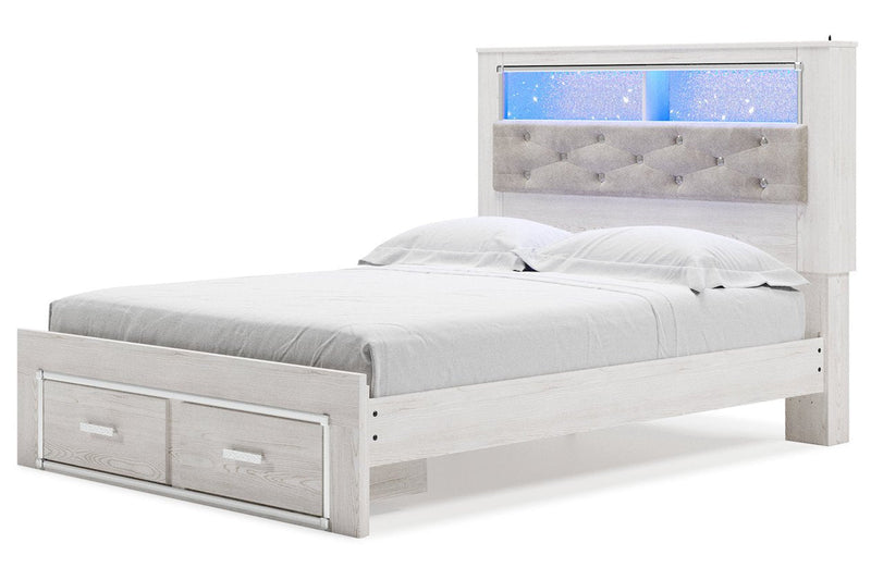 Altyra White Queen Upholstered Platform Bookcase Bed with Storage - DMV FurnitureQueen Bed