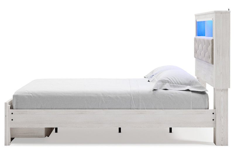 Altyra White Queen Upholstered Platform Bookcase Bed with Storage - DMV FurnitureQueen Bed