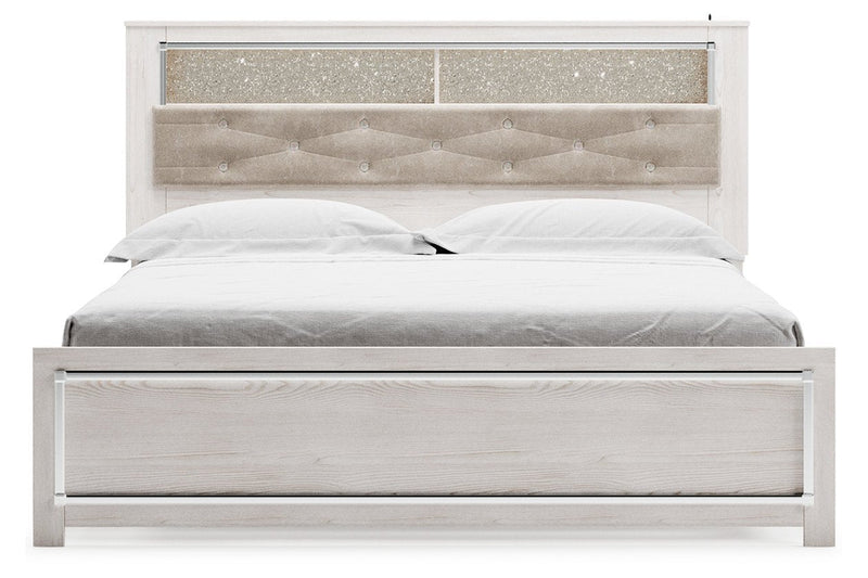 Altyra White Upholstered Bookcase LED King Panel Bed - DMV FurnitureKing Bed