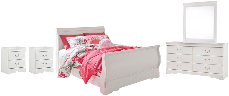 Anarasia Full Sleigh Bed with Mirrored Dresser and 2 Nightstands in White - PKG002585