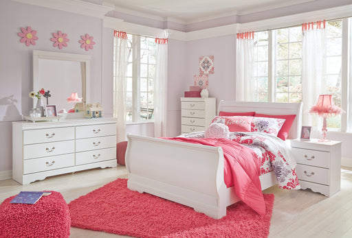 Anarasia Full Sleigh Bed with Mirrored Dresser, Chest and 2 Nightstands in White from Ashley - DMV Furniture