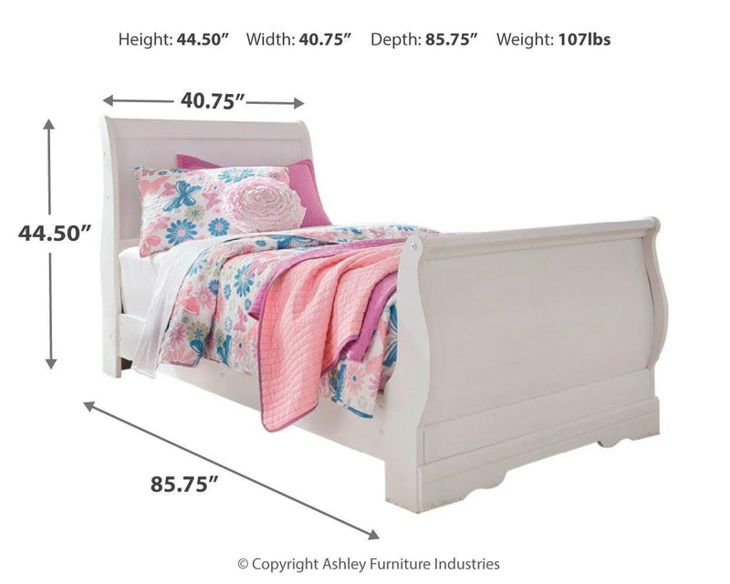 Anarasia Twin Sleigh Bed and Dresser in White - PKG002577