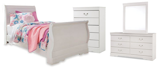 Anarasia Twin Sleigh Bed with Mirrored Dresser and Chest in White from Ashley - DMV Furniture