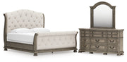 Ardenfield California King Upholstered Sleigh Bed with Mirrored Dresser in Light Brown from Ashley - DMV Furniture