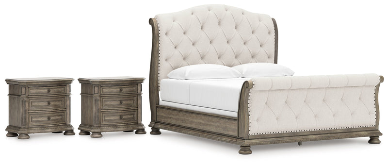 Ardenfield King Upholstered Sleigh Bed with 2 Nightstands in Light Brown from Ashley - DMV Furniture