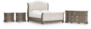 Ardenfield King Upholstered Sleigh Bed with Dresser and 2 Nightstands in Light Brown from Ashley - DMV Furniture