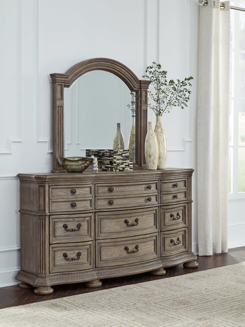 Ardenfield King Upholstered Sleigh Bed with Mirrored Dresser and Chest in Light Brown from Ashley - DMV Furniture