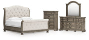 Ardenfield King Upholstered Sleigh Bed with Mirrored Dresser and Chest in Light Brown from Ashley - DMV Furniture