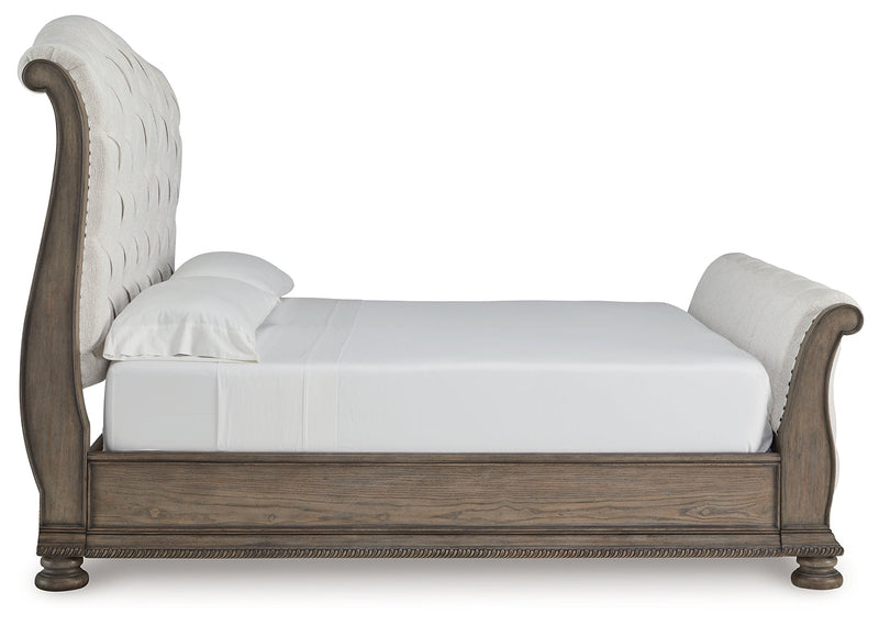 Ardenfield King Upholstered Sleigh Bed with Mirrored Dresser and Nightstand in Light Brown from Ashley - DMV Furniture