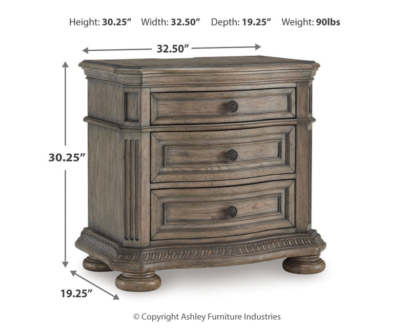 Ardenfield King Upholstered Sleigh Bed with Mirrored Dresser, Chest and Nightstand in Light Brown from Ashley - DMV Furniture