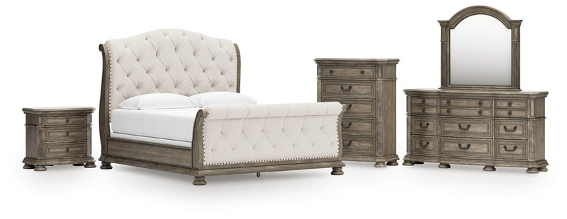 Ardenfield King Upholstered Sleigh Bed with Mirrored Dresser, Chest and Nightstand in Light Brown from Ashley - DMV Furniture