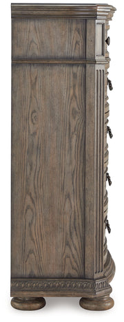 Ardenfield King Upholstered Sleigh Bed with Mirrored Dresser, Chest and Nightstand in Light Brown from Ashley - DMV Furniture