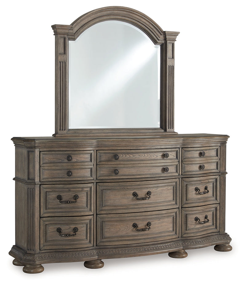 Ardenfield King Upholstered Sleigh Bed with Mirrored Dresser in Light Brown from Ashley - DMV Furniture