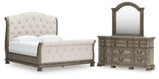 Ardenfield King Upholstered Sleigh Bed with Mirrored Dresser in Light Brown from Ashley - DMV Furniture