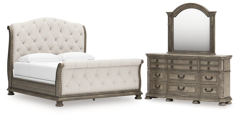 Ardenfield King Upholstered Sleigh Bed with Mirrored Dresser in Light Brown from Ashley - DMV Furniture