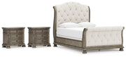 Ardenfield Queen Upholstered Sleigh Bed with 2 Nightstands in Light Brown from Ashley - DMV Furniture