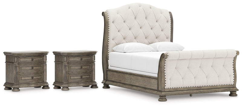 Ardenfield Queen Upholstered Sleigh Bed with 2 Nightstands in Light Brown from Ashley - DMV Furniture