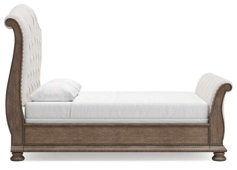 Ardenfield Queen Upholstered Sleigh Bed with 2 Nightstands in Light Brown from Ashley - DMV Furniture