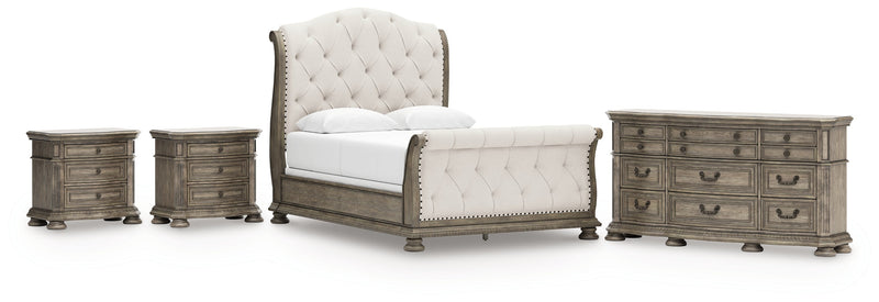 Ardenfield Queen Upholstered Sleigh Bed with Dresser and 2 Nightstands in Light Brown from Ashley - DMV Furniture