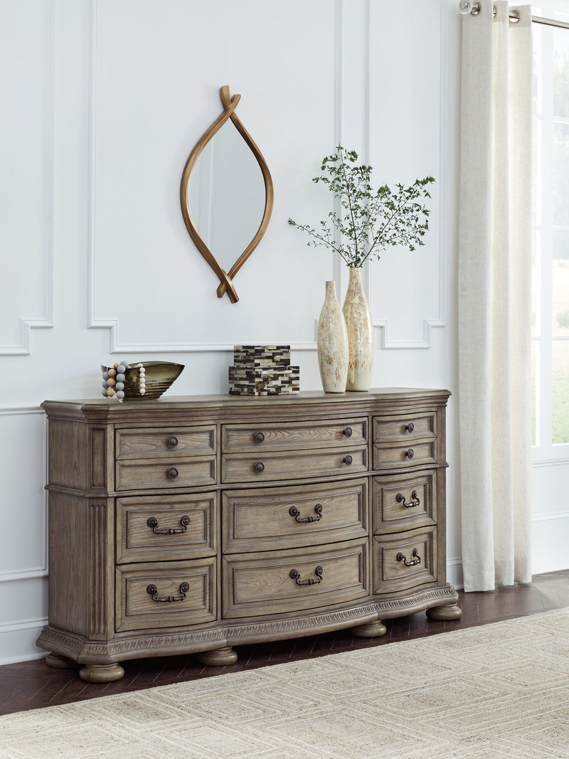 Ardenfield Queen Upholstered Sleigh Bed with Dresser in Light Brown from Ashley - DMV Furniture