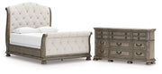 Ardenfield Queen Upholstered Sleigh Bed with Dresser in Light Brown from Ashley - DMV Furniture