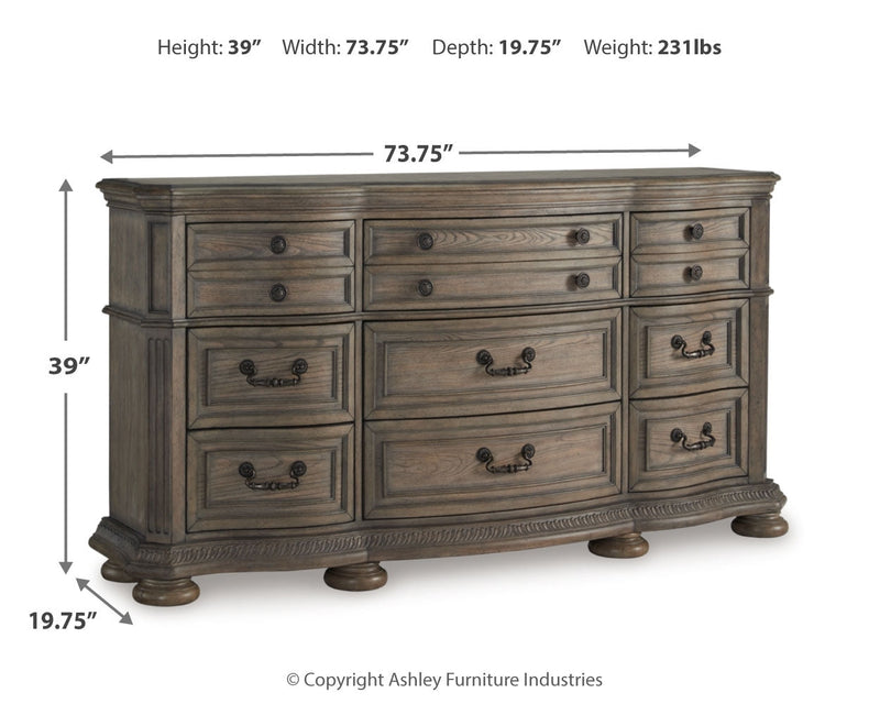 Ardenfield Queen Upholstered Sleigh Bed with Dresser in Light Brown from Ashley - DMV Furniture