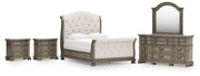 Ardenfield Queen Upholstered Sleigh Bed with Mirrored Dresser and 2 Nightstands in Light Brown from Ashley - DMV Furniture