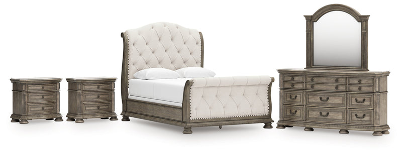 Ardenfield Queen Upholstered Sleigh Bed with Mirrored Dresser and 2 Nightstands in Light Brown from Ashley - DMV Furniture