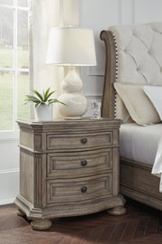 Ardenfield Queen Upholstered Sleigh Bed with Mirrored Dresser and Nightstand in Light Brown from Ashley - DMV Furniture