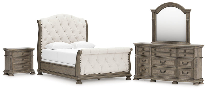 Ardenfield Queen Upholstered Sleigh Bed with Mirrored Dresser and Nightstand in Light Brown from Ashley - DMV Furniture