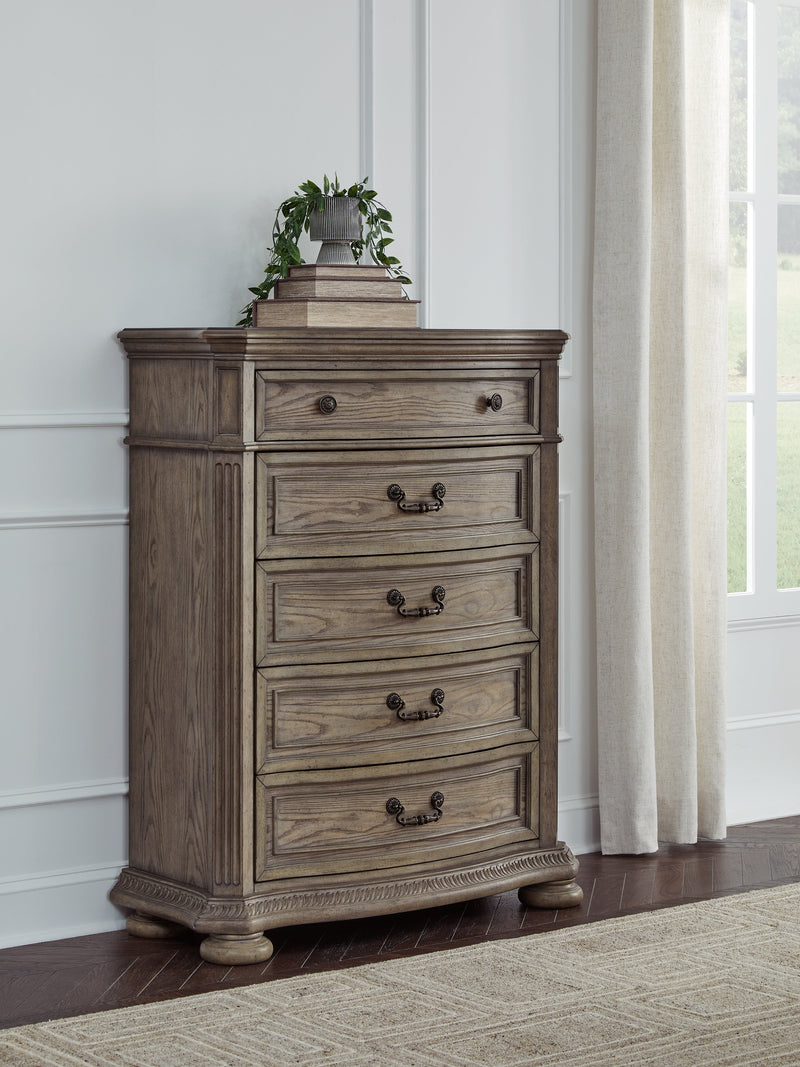 Ardenfield Queen Upholstered Sleigh Bed with Mirrored Dresser, Chest and 2 Nightstands in Light Brown from Ashley - DMV Furniture