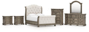 Ardenfield Queen Upholstered Sleigh Bed with Mirrored Dresser, Chest and 2 Nightstands in Light Brown from Ashley - DMV Furniture