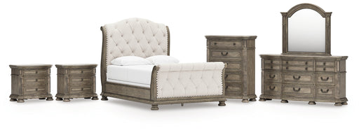 Ardenfield Queen Upholstered Sleigh Bed with Mirrored Dresser, Chest and 2 Nightstands in Light Brown from Ashley - DMV Furniture
