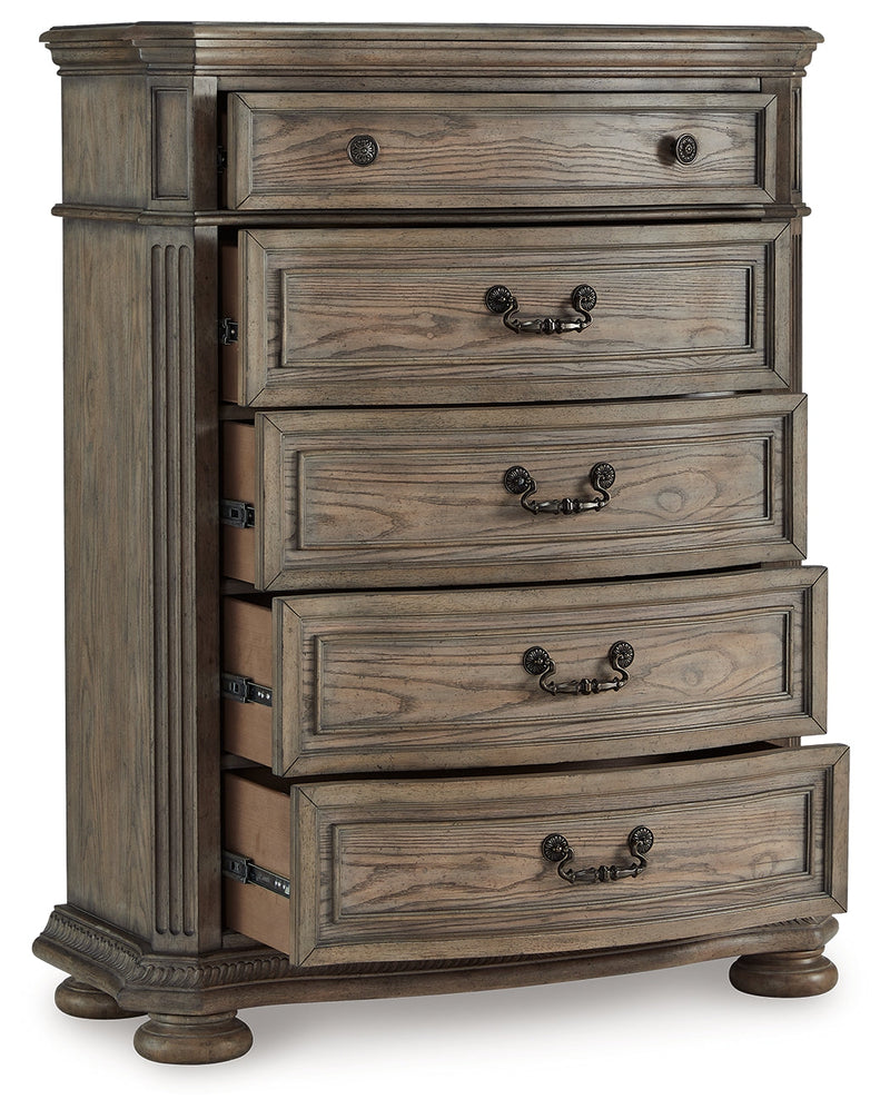 Ardenfield Queen Upholstered Sleigh Bed with Mirrored Dresser, Chest and 2 Nightstands in Light Brown from Ashley - DMV Furniture