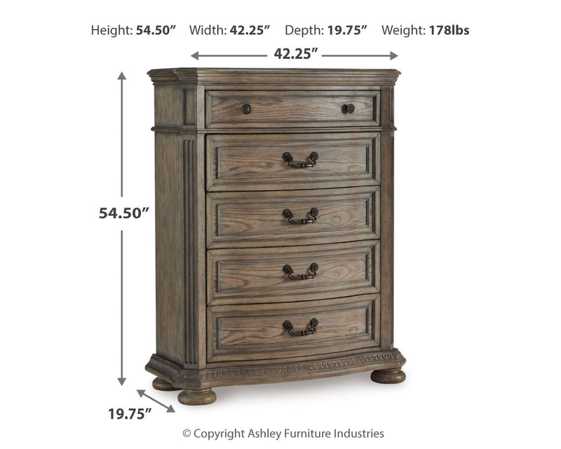 Ardenfield Queen Upholstered Sleigh Bed with Mirrored Dresser, Chest and 2 Nightstands in Light Brown from Ashley - DMV Furniture