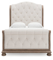 Ardenfield Queen Upholstered Sleigh Bed with Mirrored Dresser, Chest and 2 Nightstands in Light Brown from Ashley - DMV Furniture
