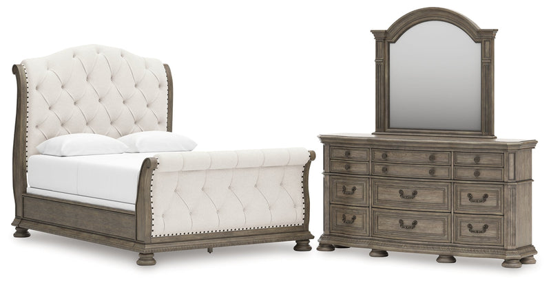 Ardenfield Queen Upholstered Sleigh Bed with Mirrored Dresser in Light Brown from Ashley - DMV Furniture