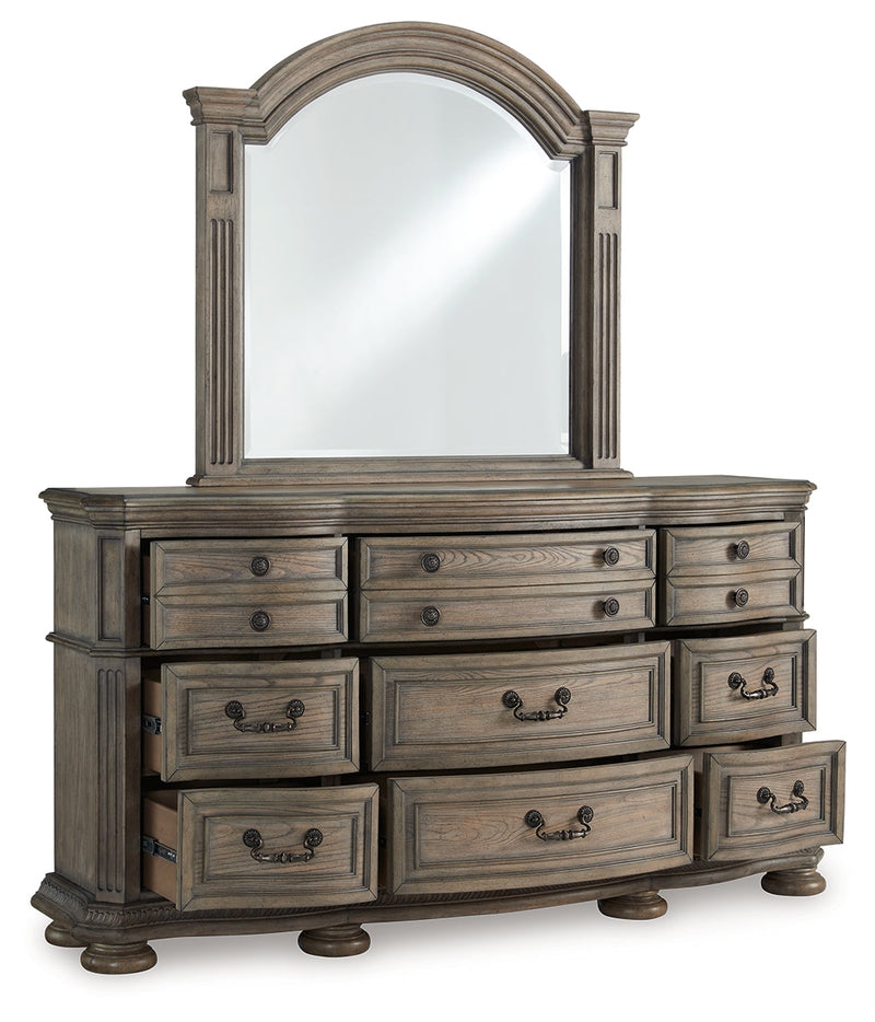 Ardenfield Queen Upholstered Sleigh Bed with Mirrored Dresser in Light Brown from Ashley - DMV Furniture